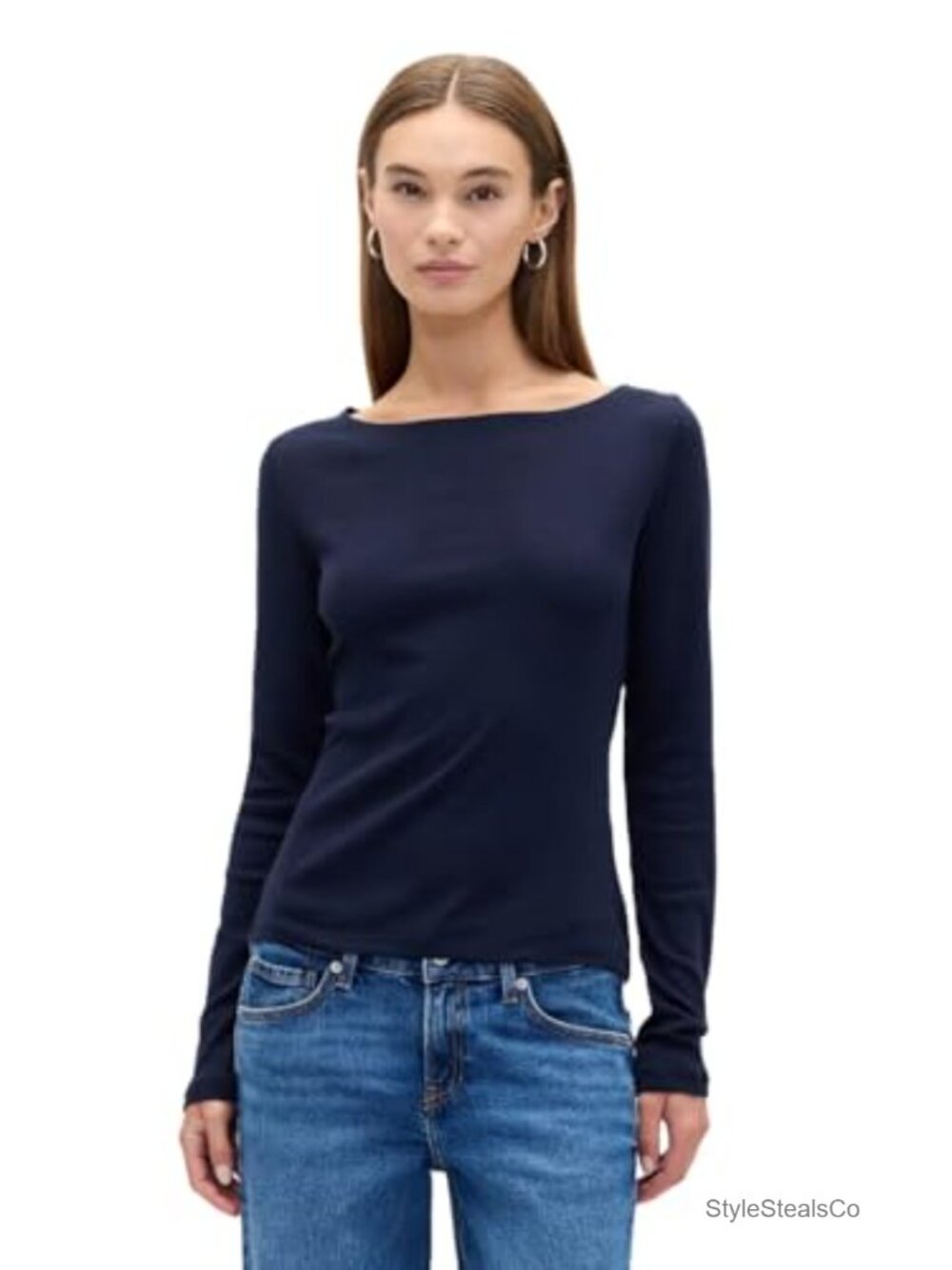 Long Sleeve Boatneck Knit Top Cotton Blend